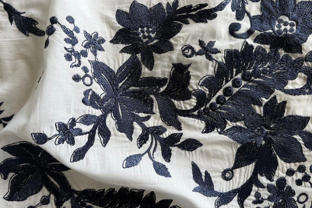 Couture Elegant Navy Embroidered Arabesque on White Cotton Lawn (Made in Italy)
