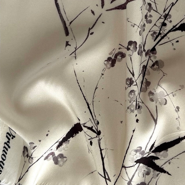 Plum Calligraphic Cherry Blossoms Silk Stretch Crepe de Chine (Made in Italy)