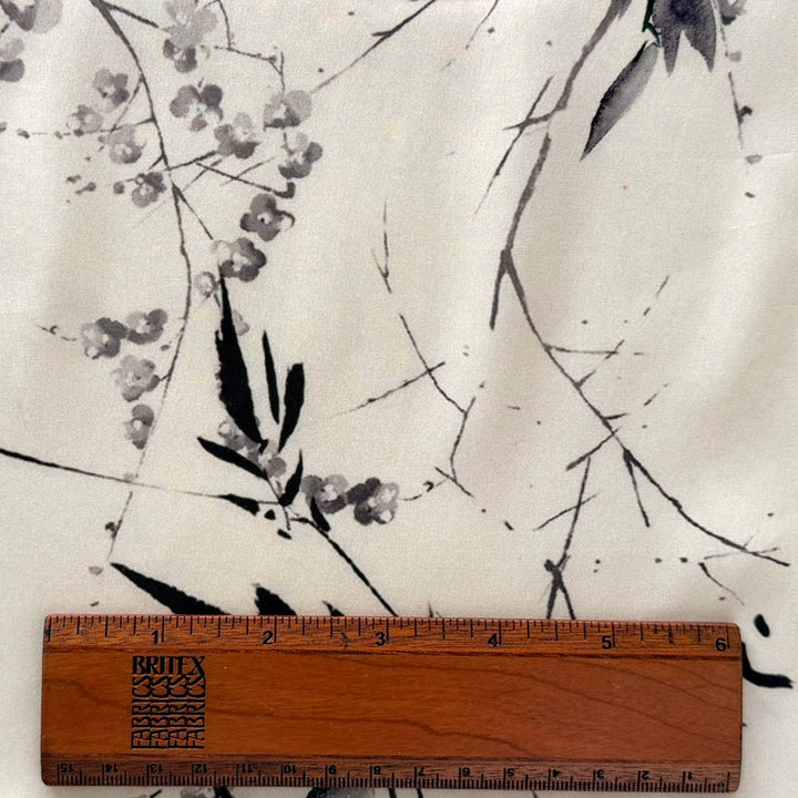 Plum Calligraphic Cherry Blossoms Silk Stretch Crepe de Chine (Made in Italy)