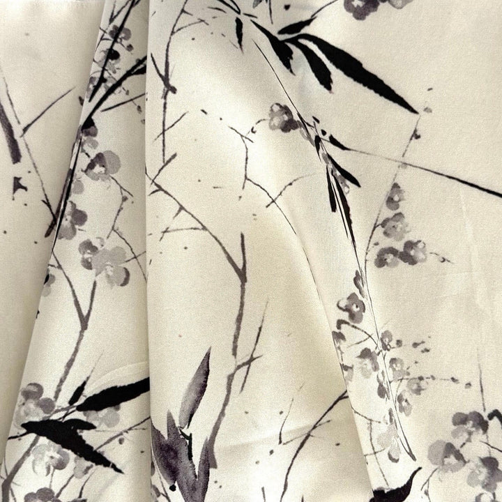 Plum Calligraphic Cherry Blossoms Silk Stretch Crepe de Chine (Made in Italy)