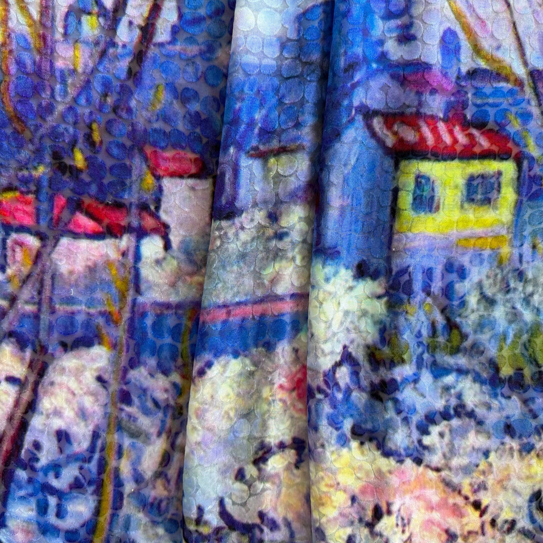 45" Panel - Impressionistic Rural Landscape Silk Blend Jacquad Burn-Out (Made in Italy)