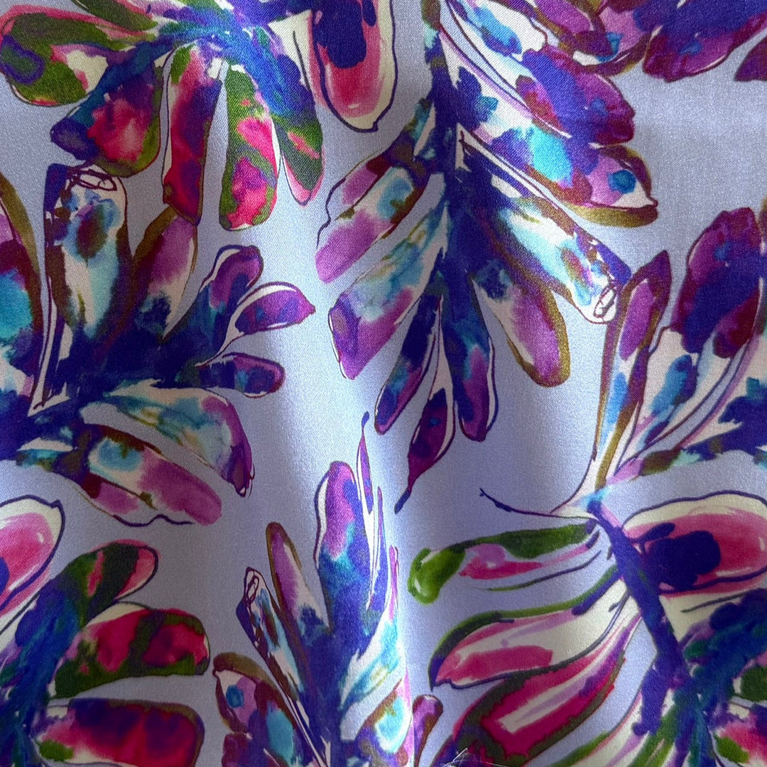 Violet Watercolor Splashed Leaves on Lavender Silk Satin Charmeuse (Made in Italy)