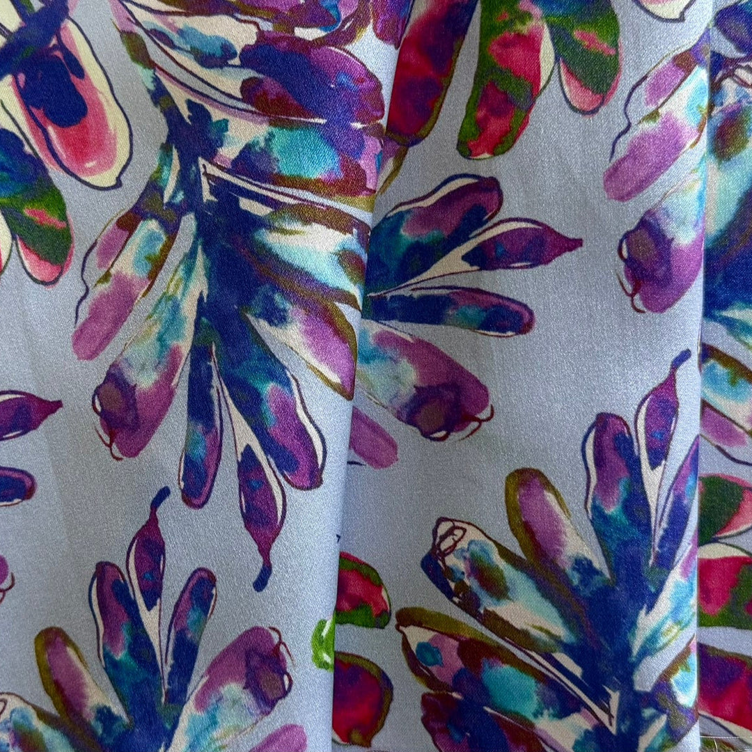 Violet Watercolor Splashed Leaves on Lavender Silk Satin Charmeuse (Made in Italy)