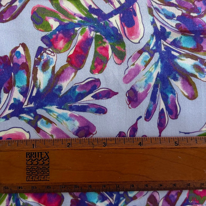 Violet Watercolor Splashed Leaves on Lavender Silk Satin Charmeuse (Made in Italy)