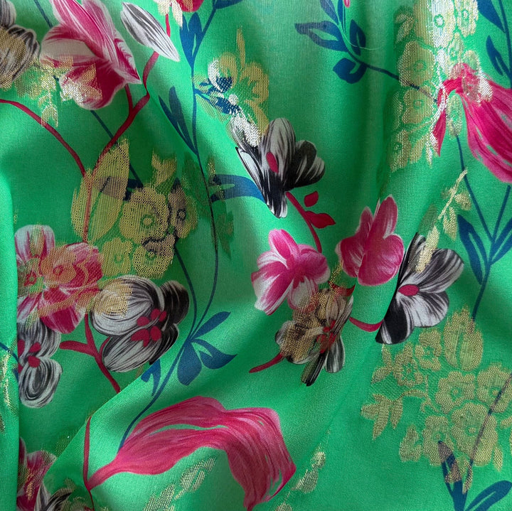 Semi-Sheer Cherry Blossoms on Metallic Gold & Caribbean Green Silk Chiffon (Made in Italy)