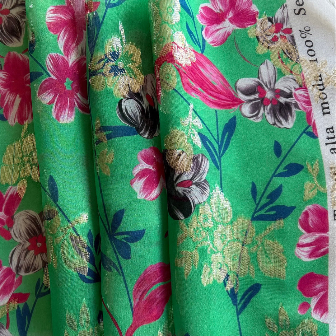 Semi-Sheer Cherry Blossoms on Metallic Gold & Caribbean Green Silk Chiffon (Made in Italy)