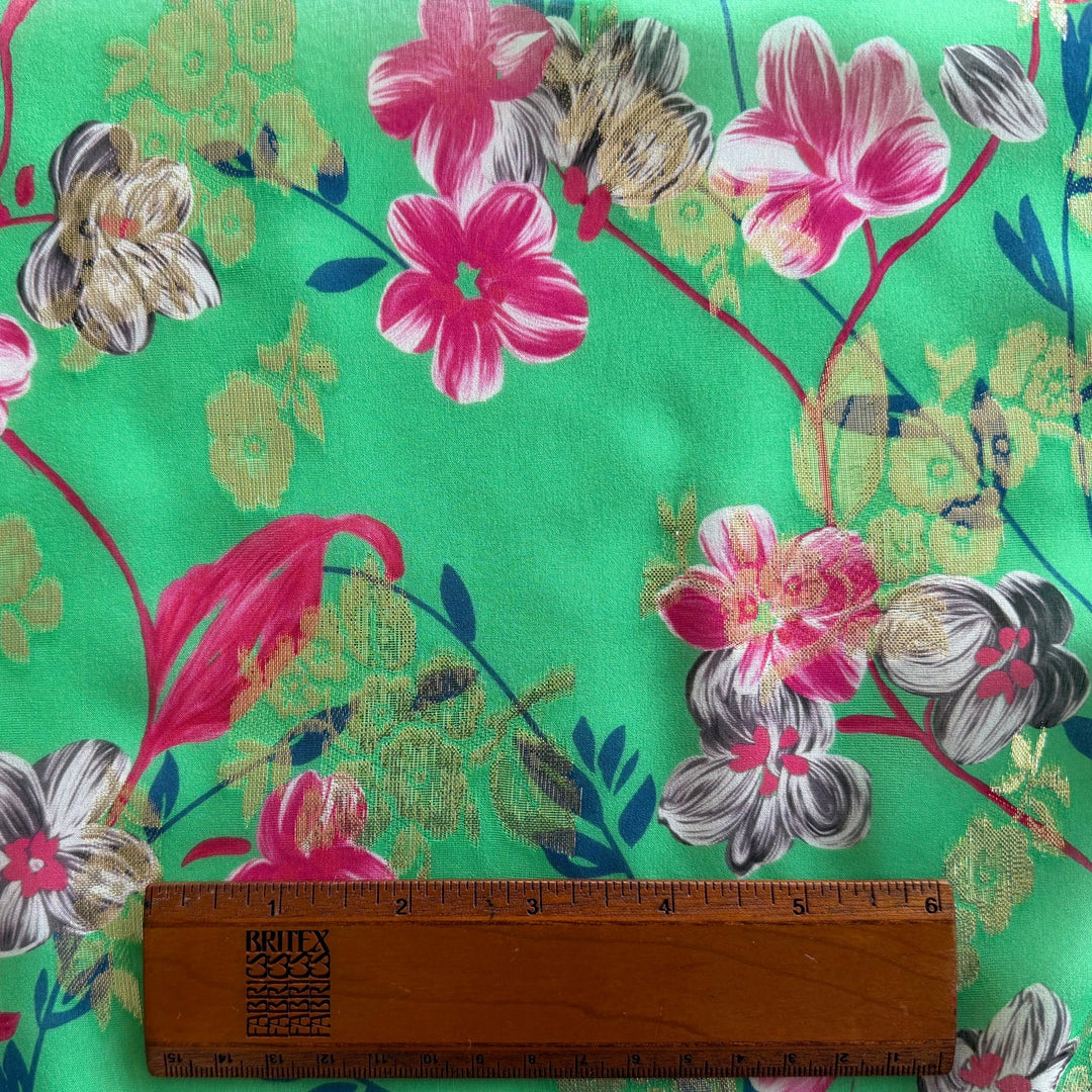 Semi-Sheer Cherry Blossoms on Metallic Gold & Caribbean Green Silk Chiffon (Made in Italy)