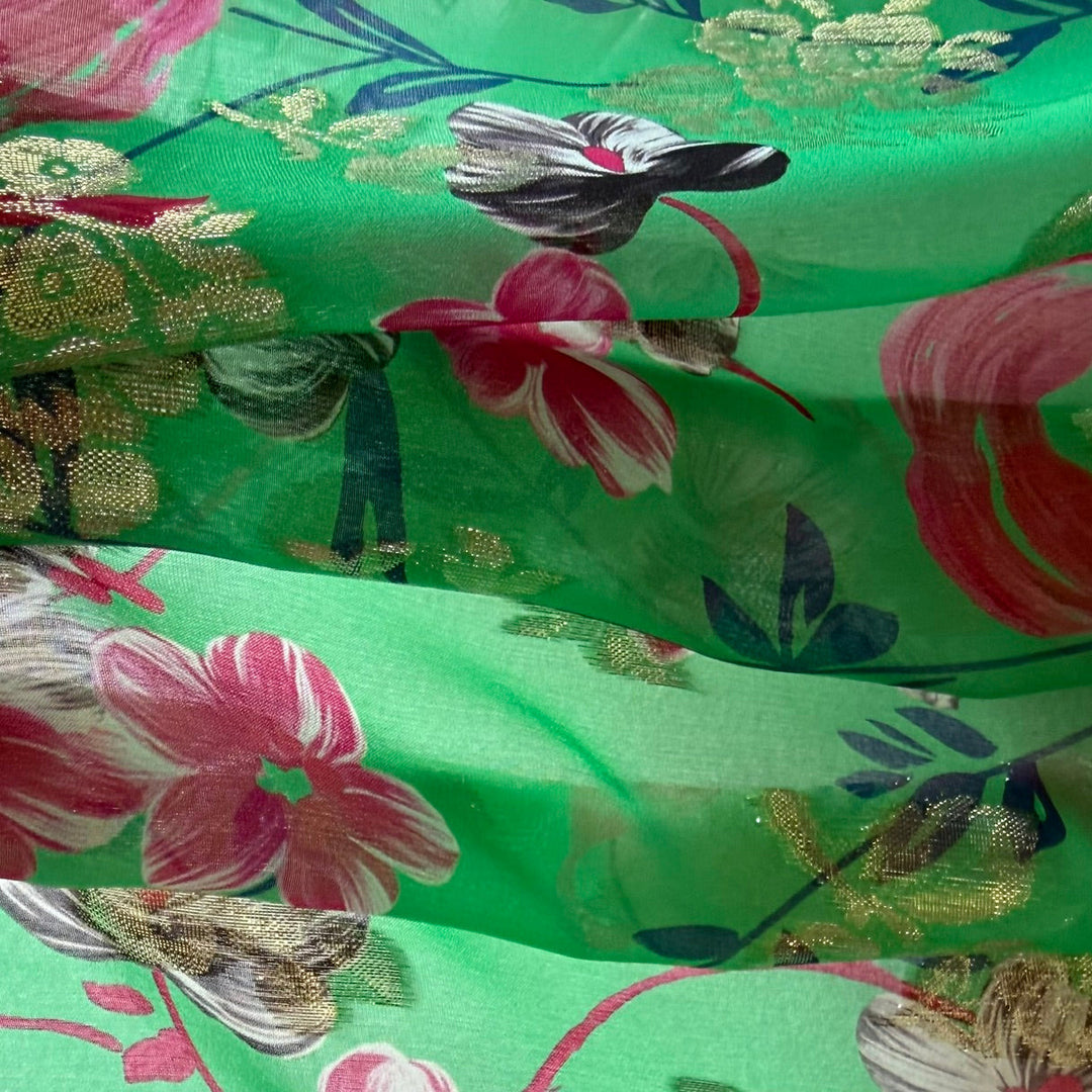 Semi-Sheer Cherry Blossoms on Metallic Gold & Caribbean Green Silk Chiffon (Made in Italy)