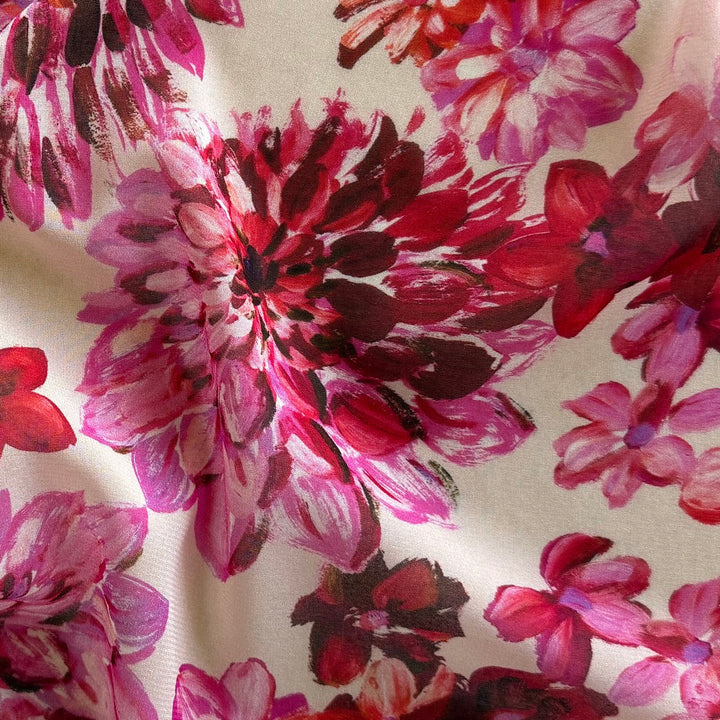 Semi-Sheer Painted Pink Dahlias on Ivory Stretch Silk Chiffon (Made in Italy)