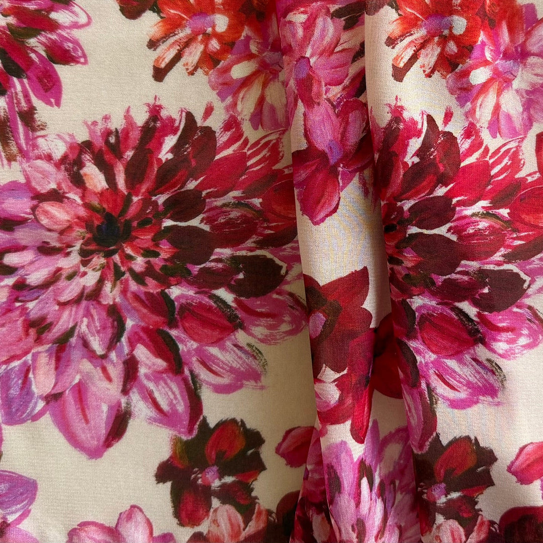 Semi-Sheer Painted Pink Dahlias on Ivory Stretch Silk Chiffon (Made in Italy)