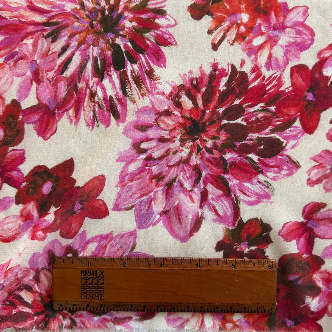 Semi-Sheer Painted Pink Dahlias on Ivory Stretch Silk Chiffon (Made in Italy)