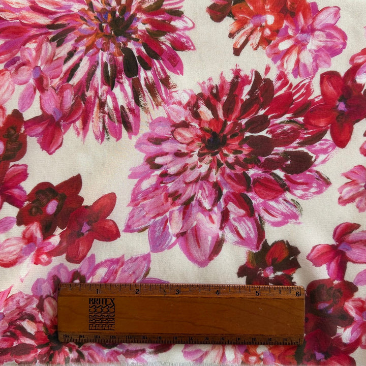 Semi-Sheer Painted Pink Dahlias on Ivory Stretch Silk Chiffon (Made in Italy)