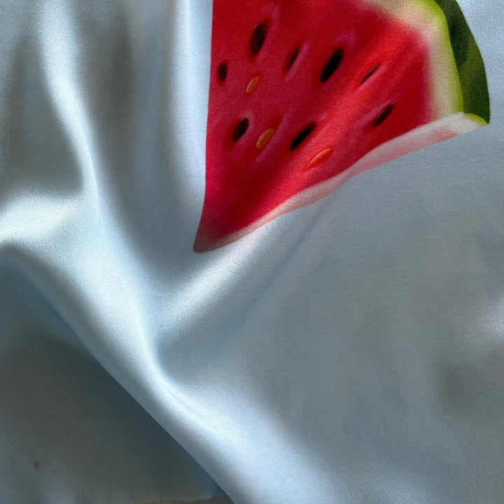 Juicy Red Watermelon Slices on Pale Sky Blue Silk Satin Charmeuse (Made in Italy)