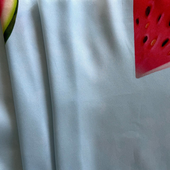 Juicy Red Watermelon Slices on Pale Sky Blue Silk Satin Charmeuse (Made in Italy)