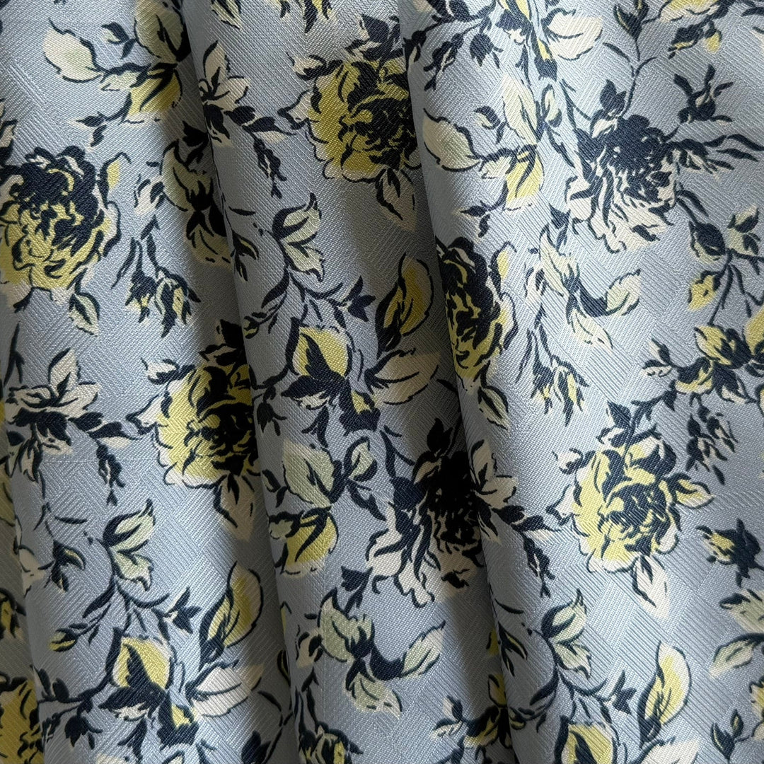 Ungaro Sophisticated Butter Yellow Roses on Slate Textured Silk (Made in Italy)