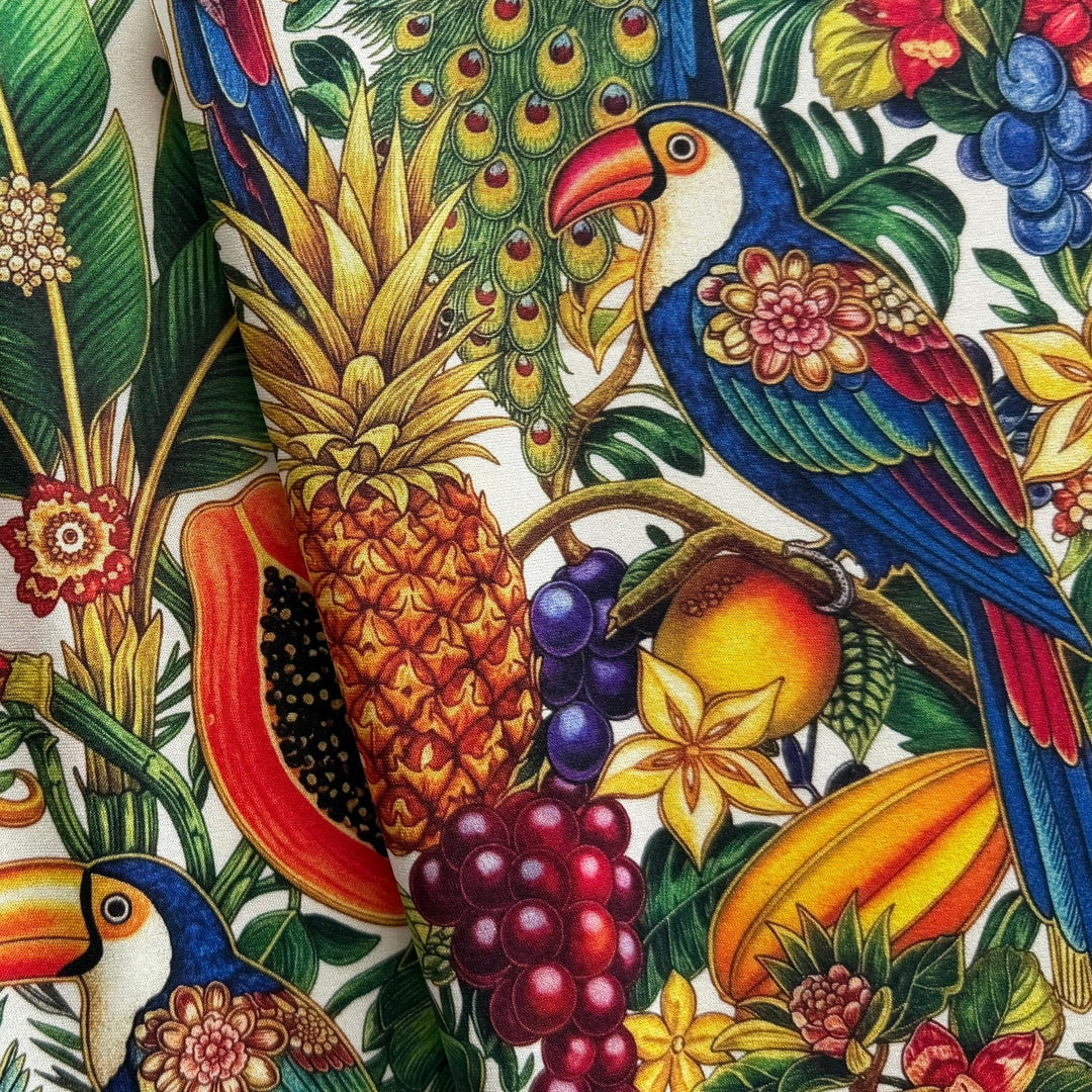 Tropical Ripe Fruits & Toucans Stretch Silk Satin Charmeuse(Made in Italy)