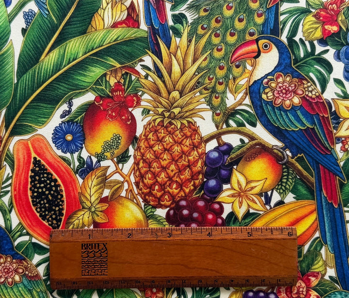 Tropical Ripe Fruits & Toucans Stretch Silk Satin Charmeuse(Made in Italy)