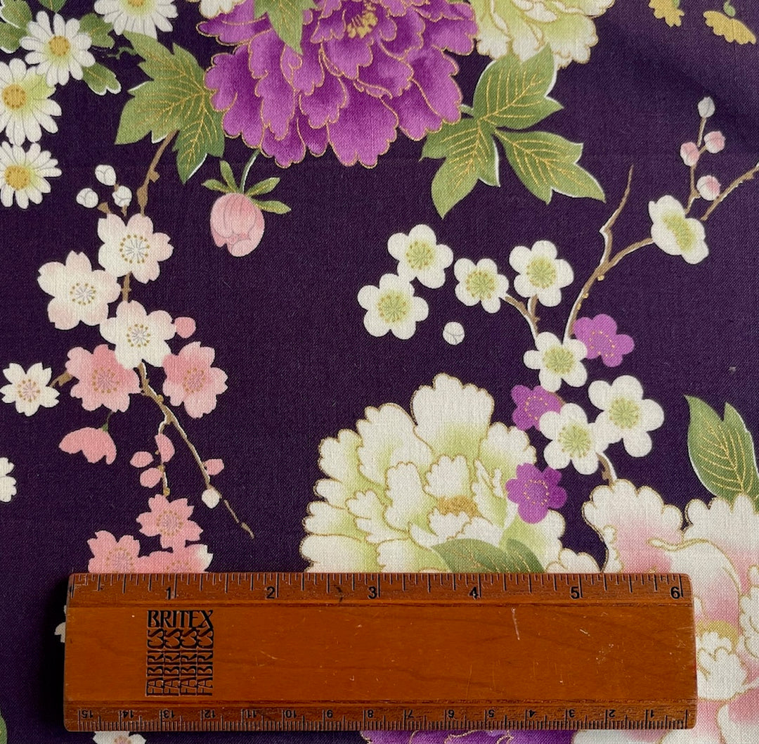 Kokka Camelia Purple/Metallic Quilting Cotton (Made in Japan)