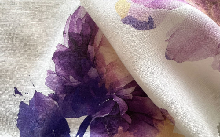 Lighter-Weight Large-Scale Violet Peonies on White Linen (Made in Poland)