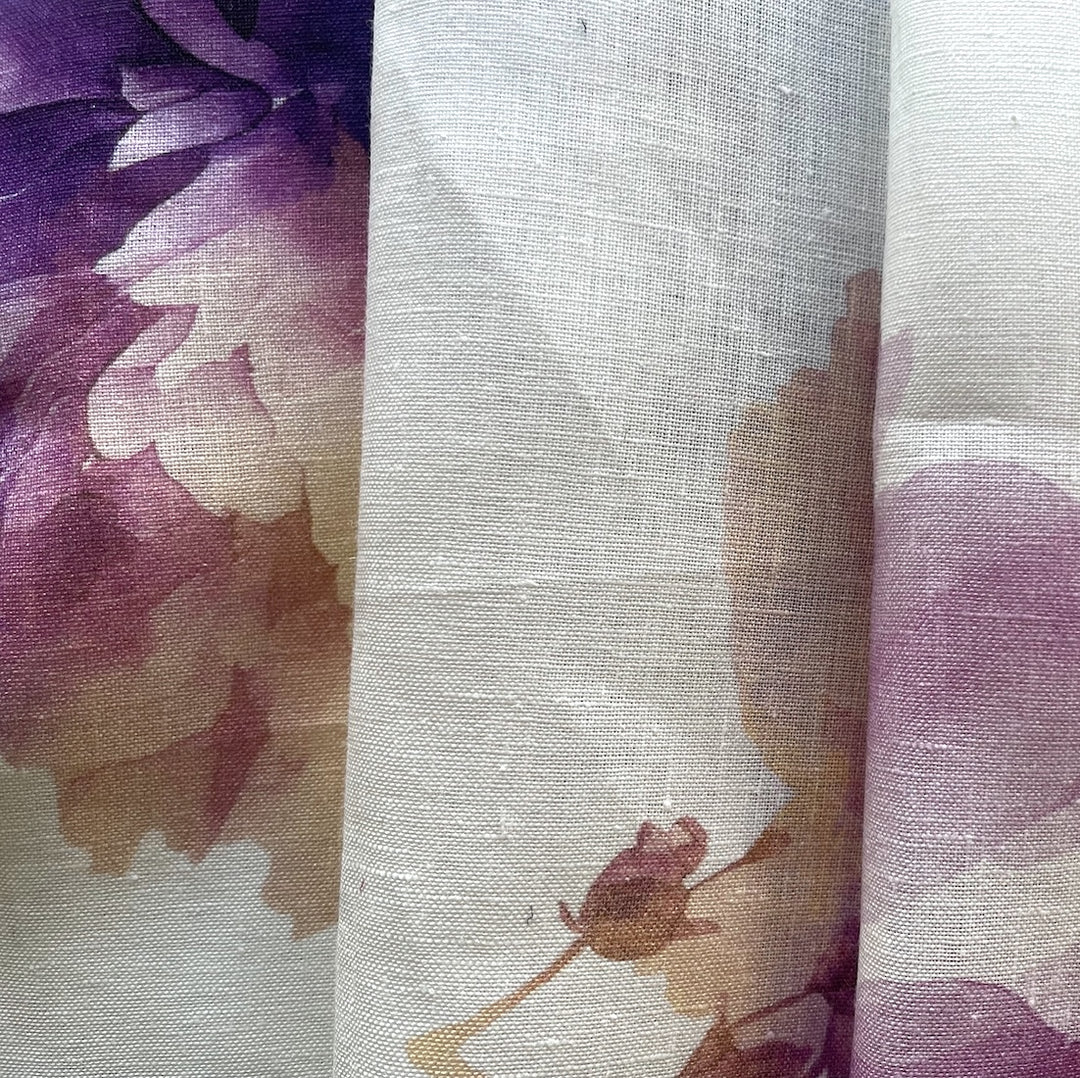 Lighter-Weight Large-Scale Violet Peonies on White Linen (Made in Poland)