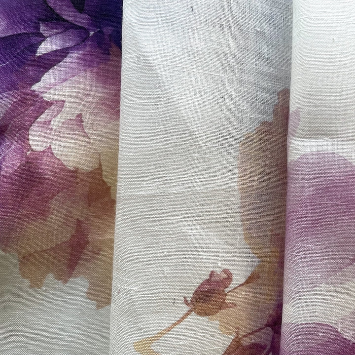 Lighter-Weight Large-Scale Violet Peonies on White Linen (Made in Poland)