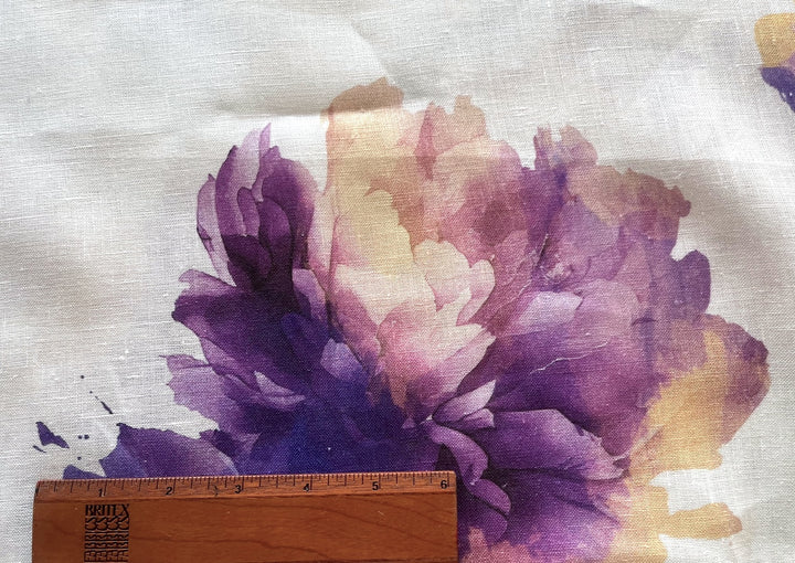Lighter-Weight Large-Scale Violet Peonies on White Linen (Made in Poland)