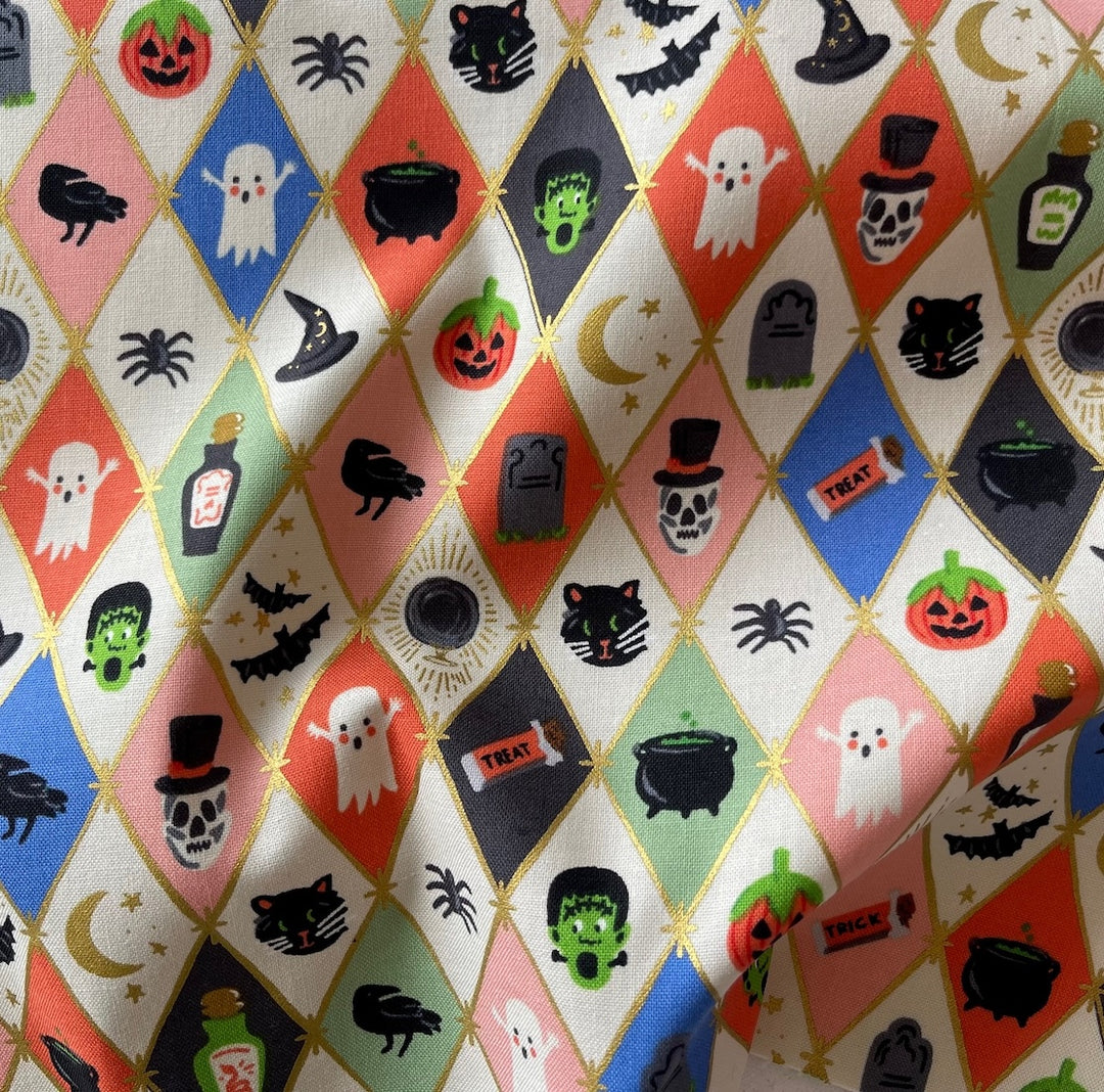 Halloween Argyle Gold Metallic Quilting Cotton (Made in Japan)