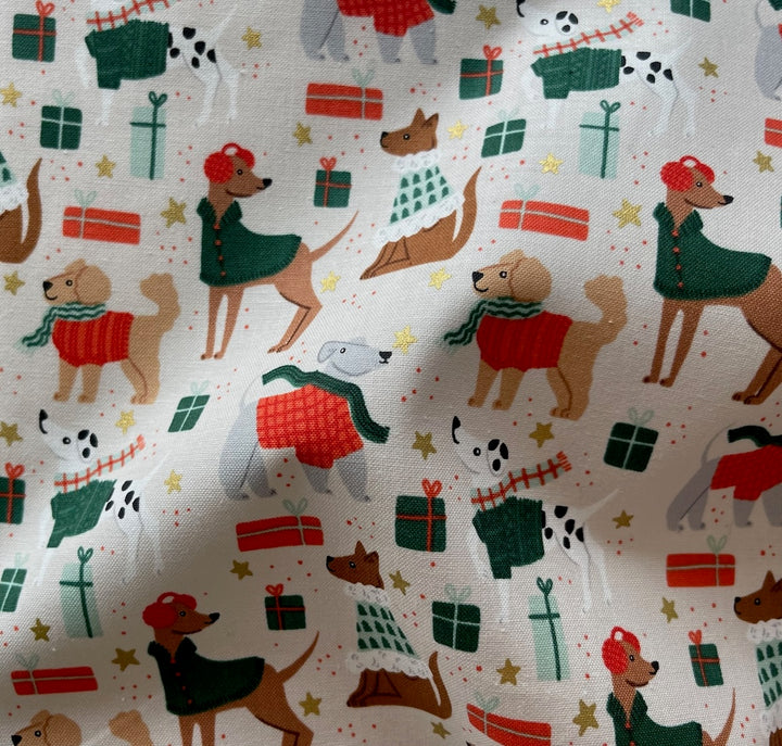 Merry Pawmas Dapper Dog Gold Metallic Quilting Cotton (Made in Japan)