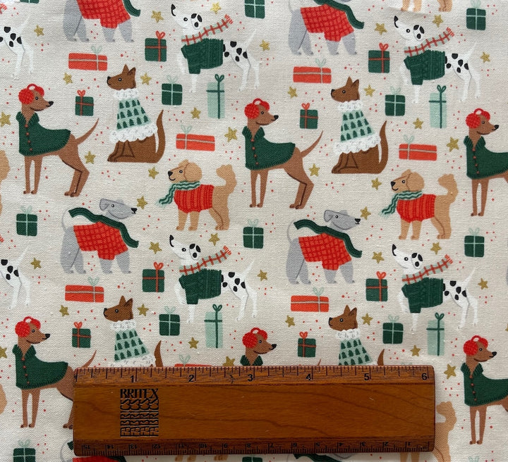 Merry Pawmas Dapper Dog Gold Metallic Quilting Cotton (Made in Japan)