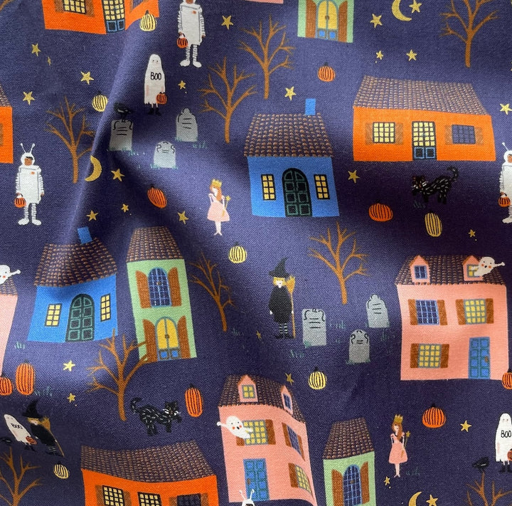 Halloween Night Indigo Gold Metallic Quilting Cotton (Made in Japan)