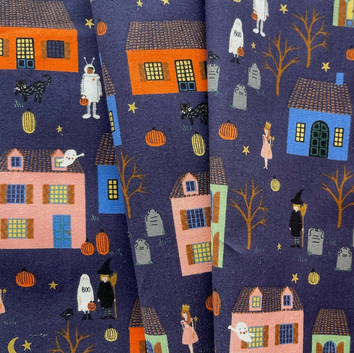 Halloween Night Indigo Gold Metallic Quilting Cotton (Made in Japan)