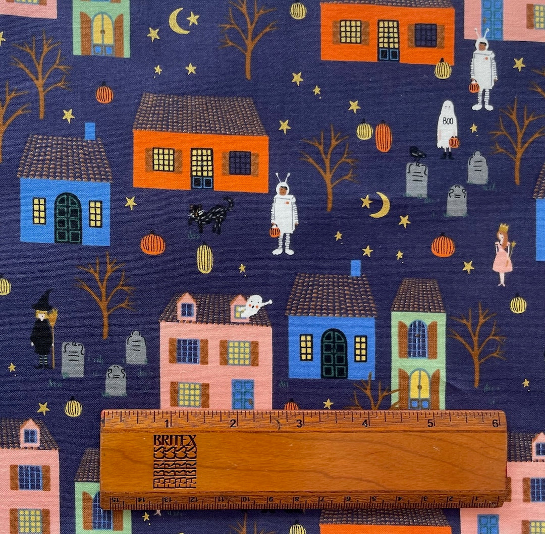 Halloween Night Indigo Gold Metallic Quilting Cotton (Made in Japan)
