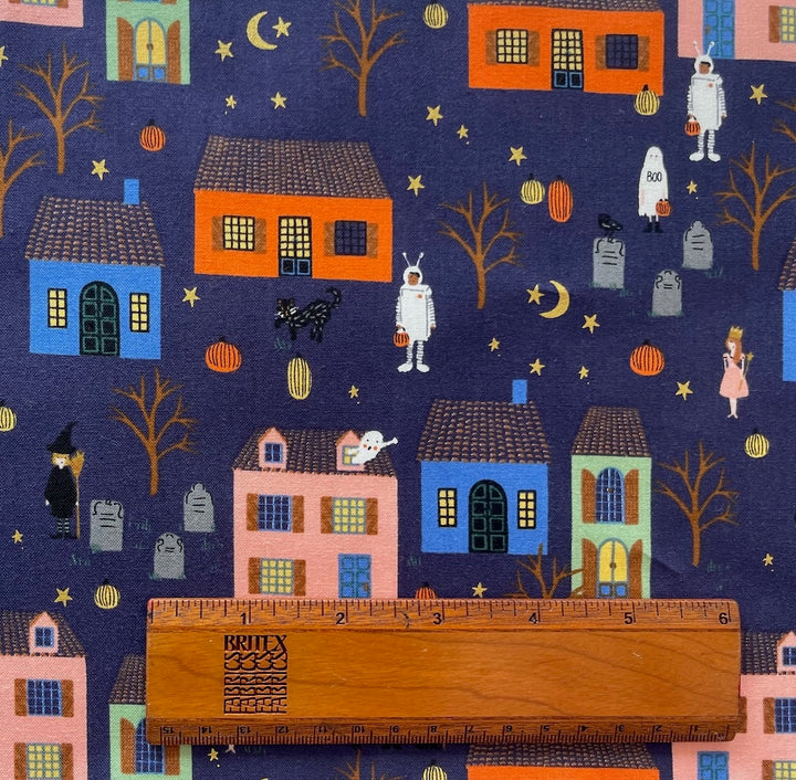Halloween Night Indigo Gold Metallic Quilting Cotton (Made in Japan)