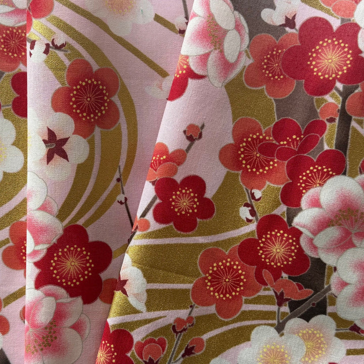 Kozakura Cherry Blossoms with Gold Metallic on Pale Pink Quilting Cotton (Made in Japan)