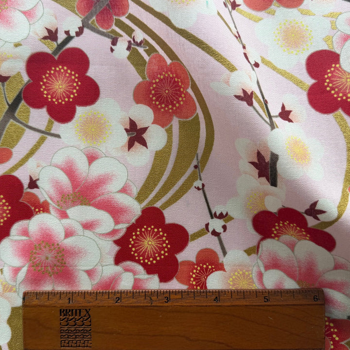 Kozakura Cherry Blossoms with Gold Metallic on Pale Pink Quilting Cotton (Made in Japan)