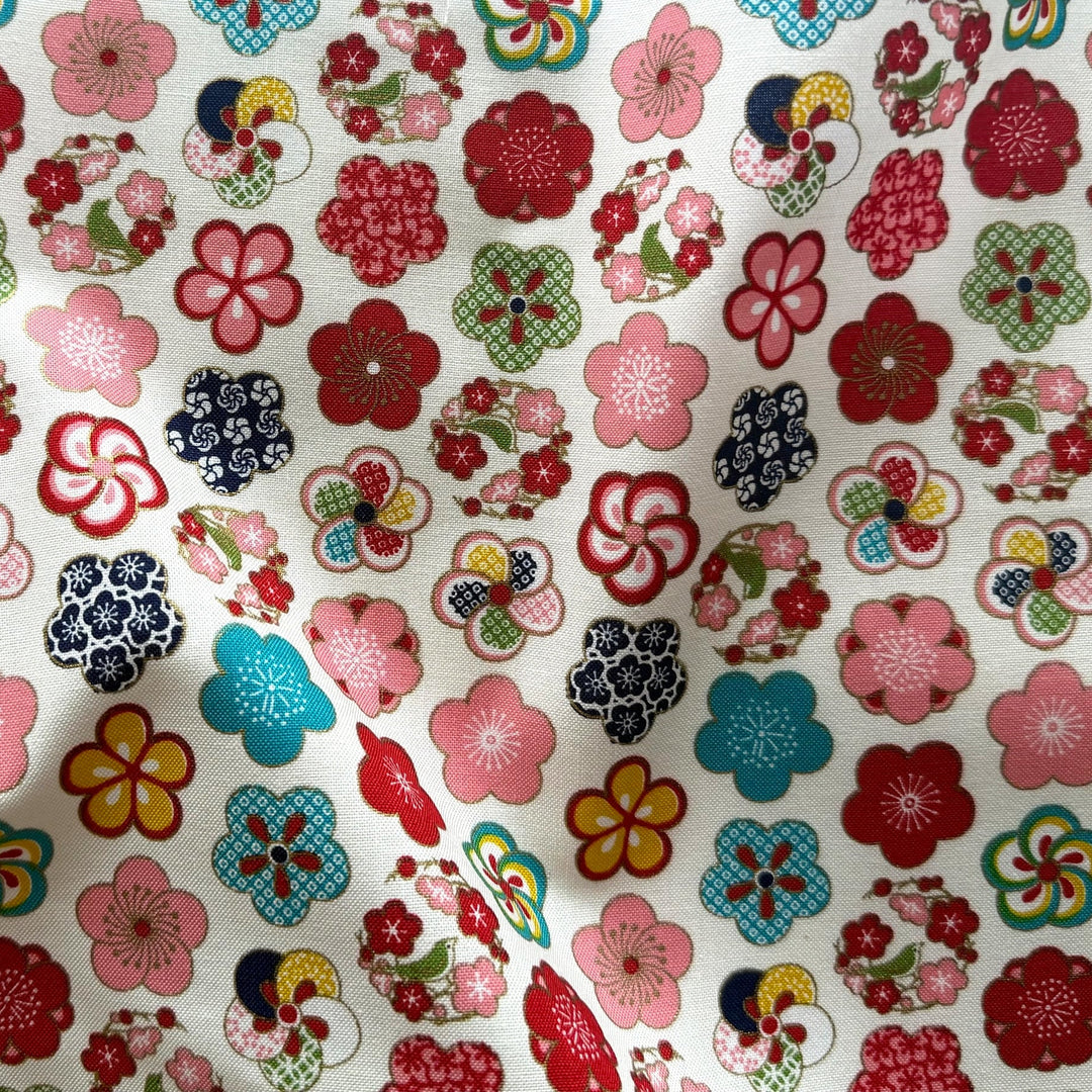 Scattered Ume Plum Blossoms on White Quilting Cotton (Made in Japan)