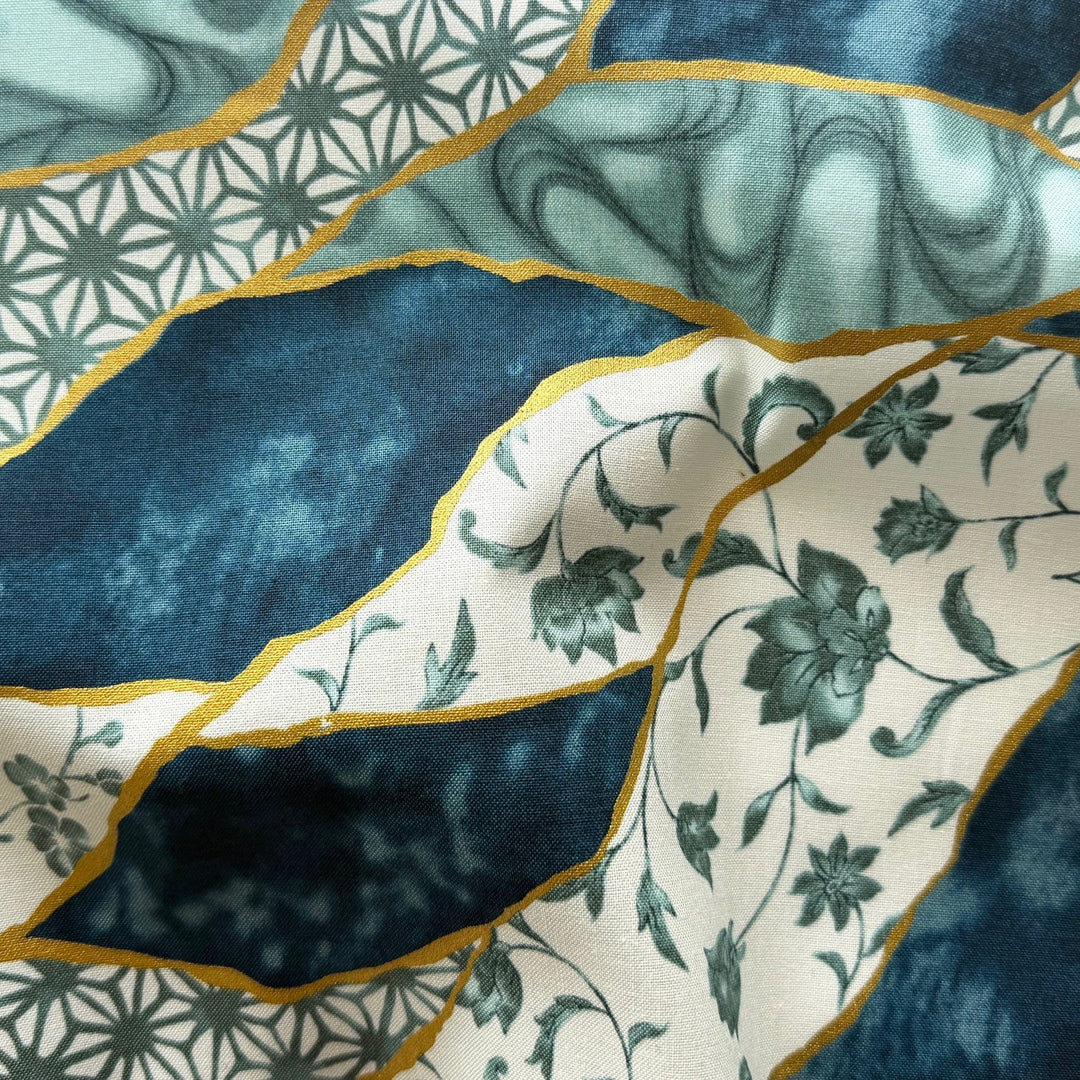 Kintsugi Teal Floral with Gold Metallic Quilting Cotton (Made in Japan)