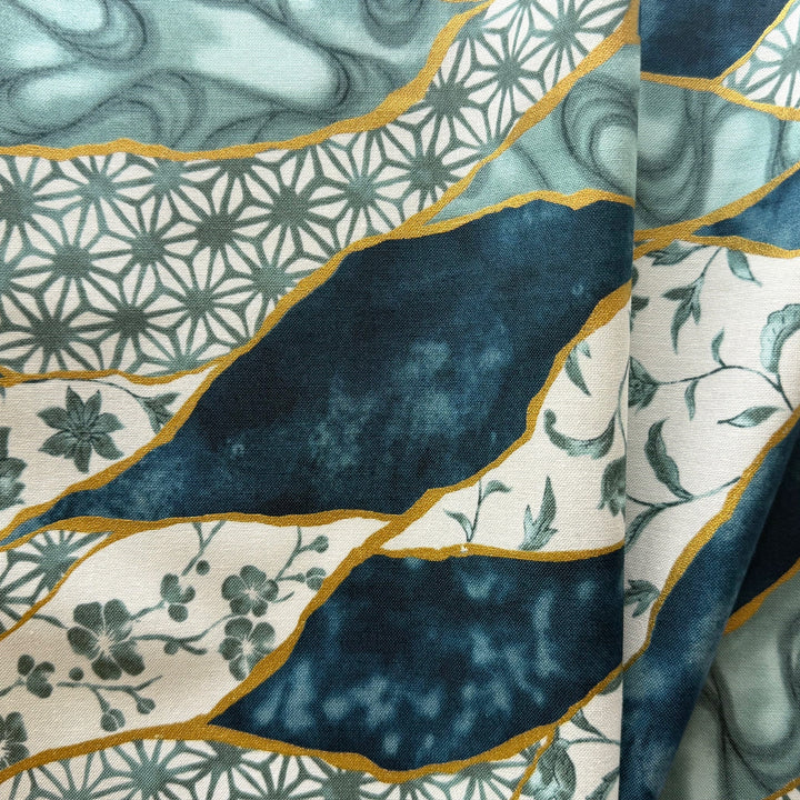 Kintsugi Teal Floral with Gold Metallic Quilting Cotton (Made in Japan)