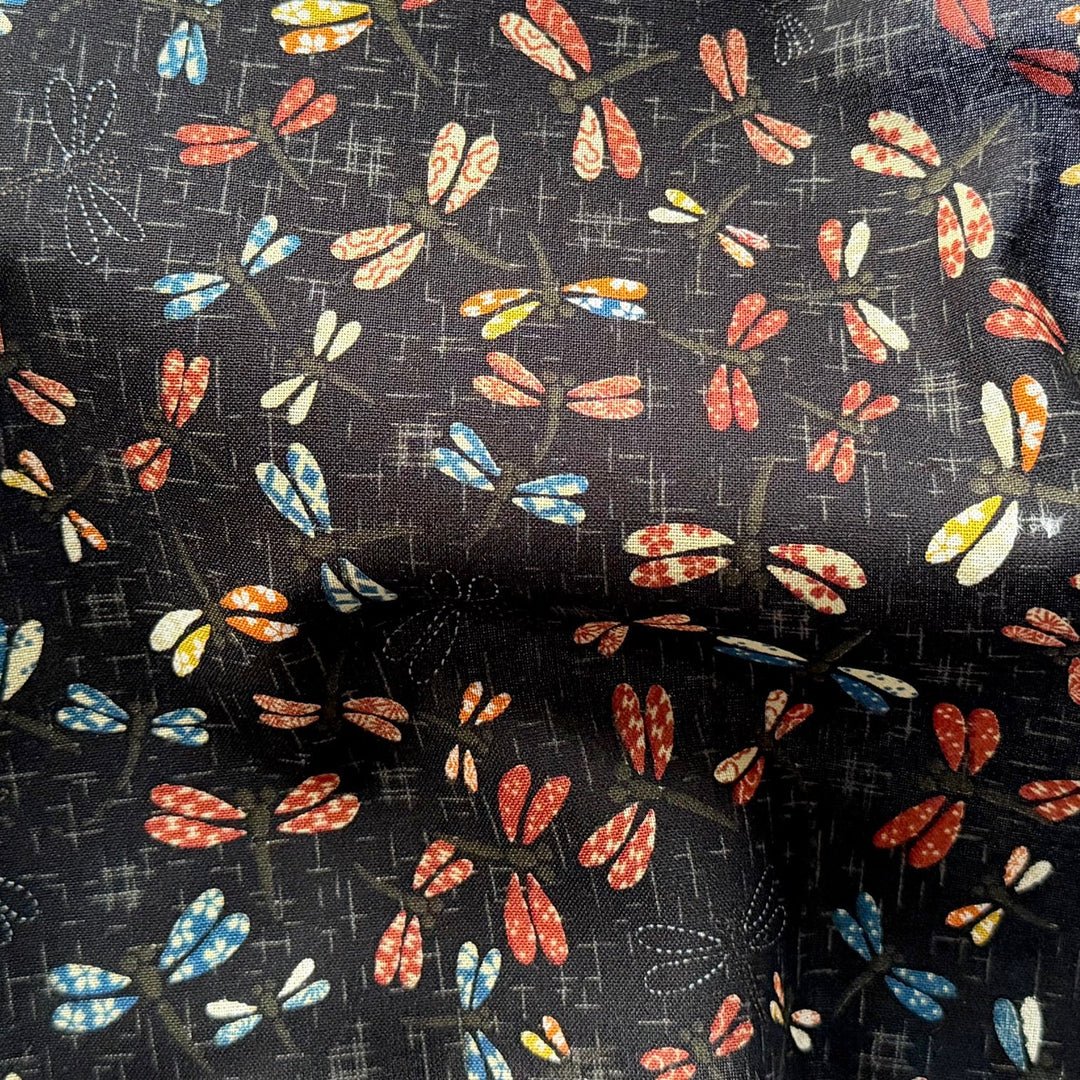 Patchwork Dragonflies on Black Quilting Cotton (Made in Japan)