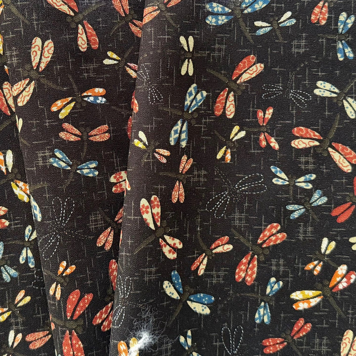 Patchwork Dragonflies on Black Quilting Cotton (Made in Japan)
