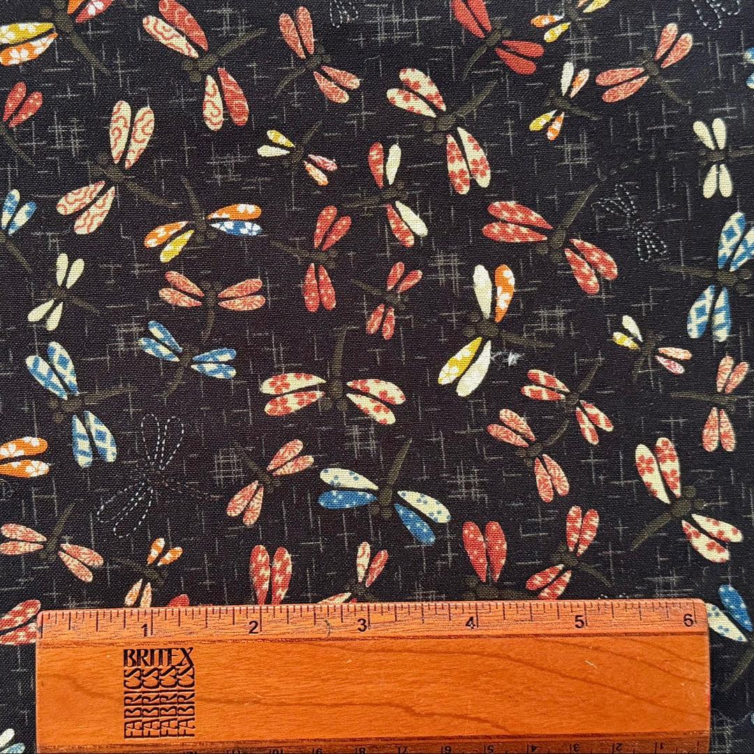 Patchwork Dragonflies on Black Quilting Cotton (Made in Japan)