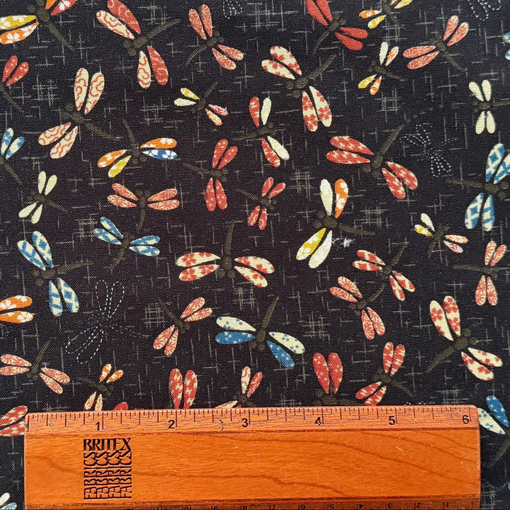 Patchwork Dragonflies on Black Quilting Cotton (Made in Japan)