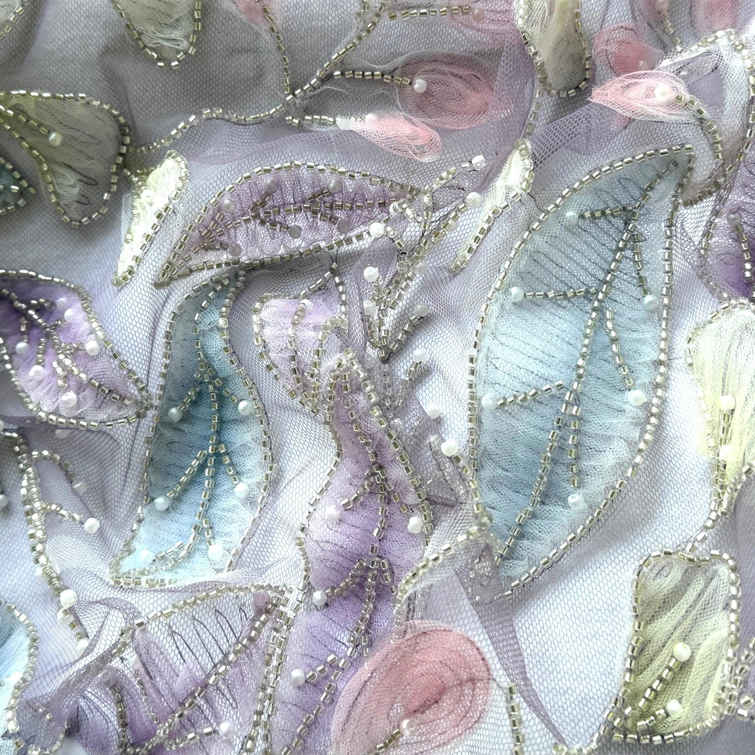 Beaded & Pearled Delicate Foilage Lavender Tulle (Made in Korea)