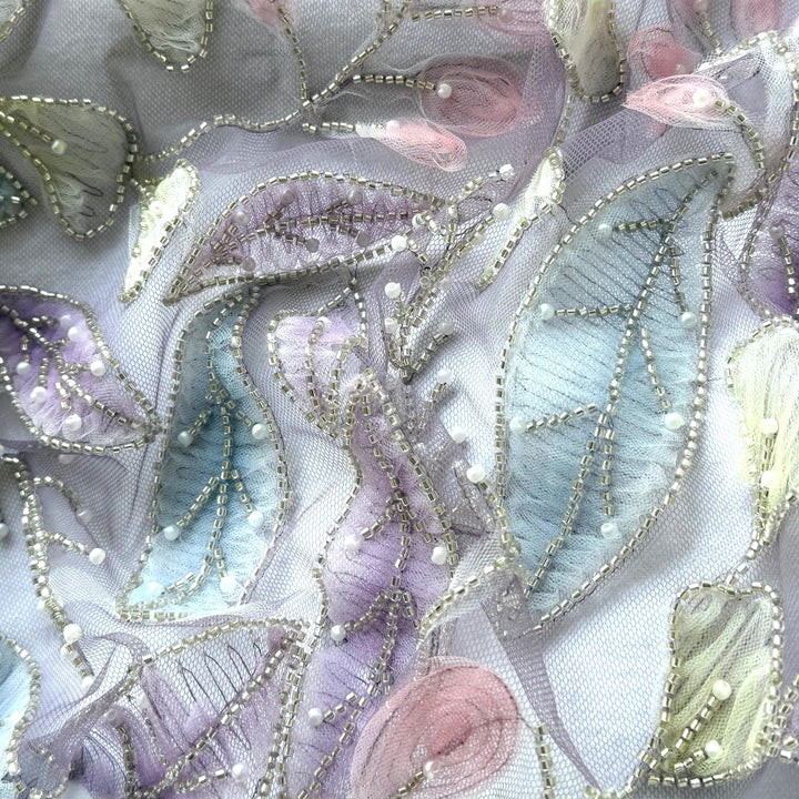 Beaded & Pearled Delicate Foilage Lavender Tulle (Made in Korea)