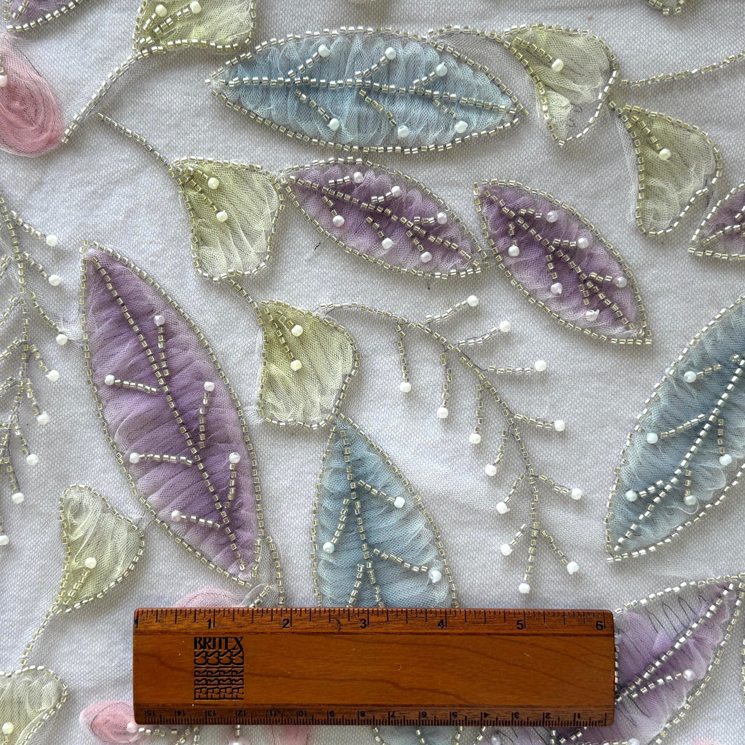 Beaded & Pearled Delicate Foilage Lavender Tulle (Made in Korea)