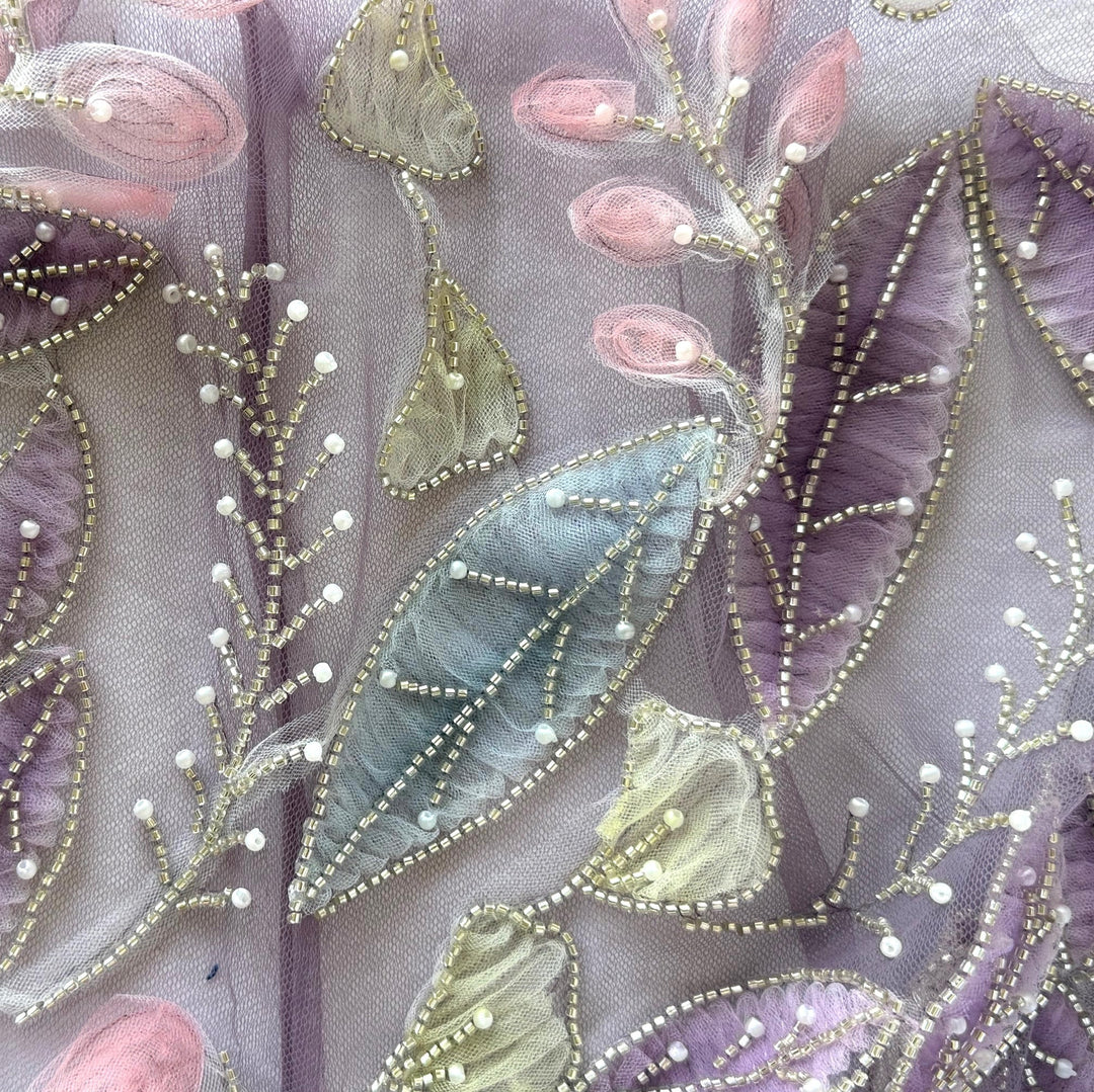 Beaded & Pearled Delicate Foilage Lavender Tulle (Made in Korea)