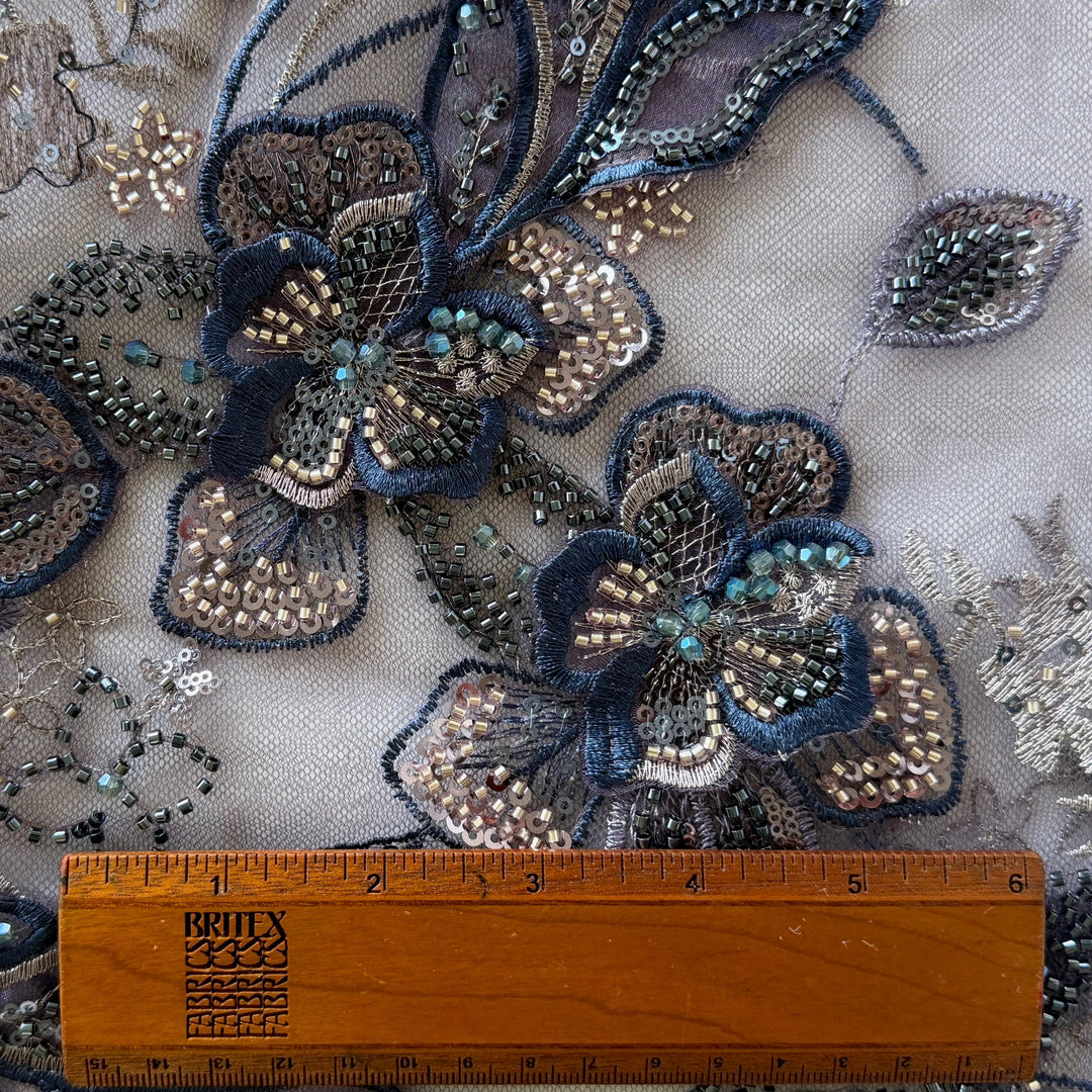 Dramatic Sequined & Beaded 3-Dimansional Blooms on Plum Mesh (Made in Korea)