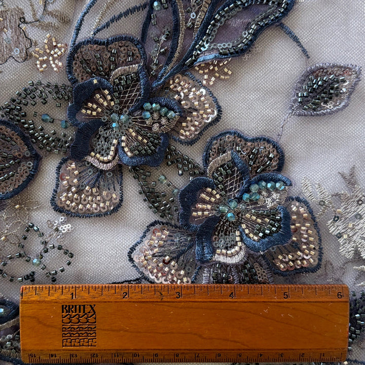 Dramatic Sequined & Beaded 3-Dimansional Blooms on Plum Mesh (Made in Korea)
