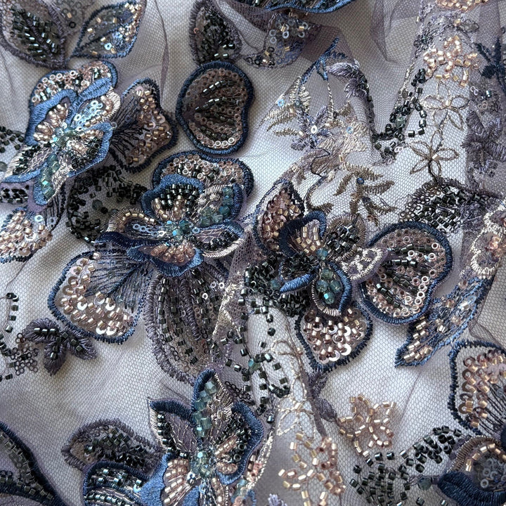 Dramatic Sequined & Beaded 3-Dimansional Blooms on Plum Mesh (Made in Korea)