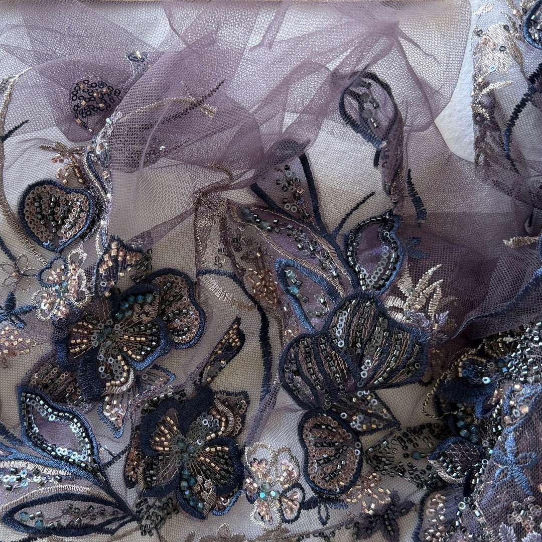 Dramatic Sequined & Beaded 3-Dimansional Blooms on Plum Mesh (Made in Korea)